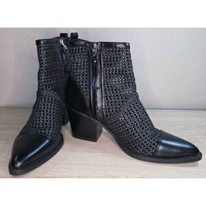 Sam Edelman Elita Woven Leather Ankle Boots Black Pointed Toe Western Block Heel